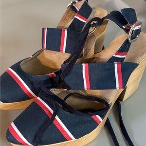 Free People Navy and Red Striped Wedges
